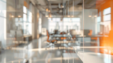 Elegant blurred office interior, gray palette with orange color splashes and wide windows for light