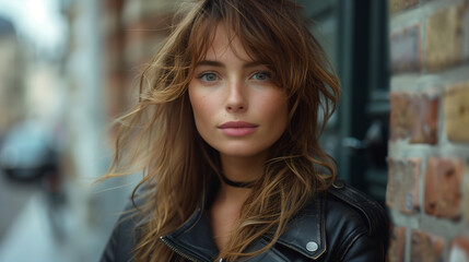 Obraz premium Generative AI, a portrait photo of a french glamour model in her thirties wearing leather