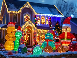 Fototapeta premium Cozy Suburban Home Adorned with Twinkling Christmas Lights