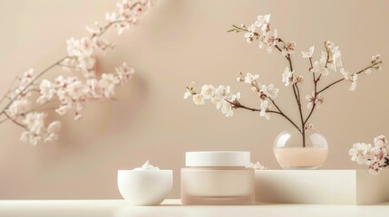 Beauty products and cherry blossom in vase on beige background for fashion and beauty concept