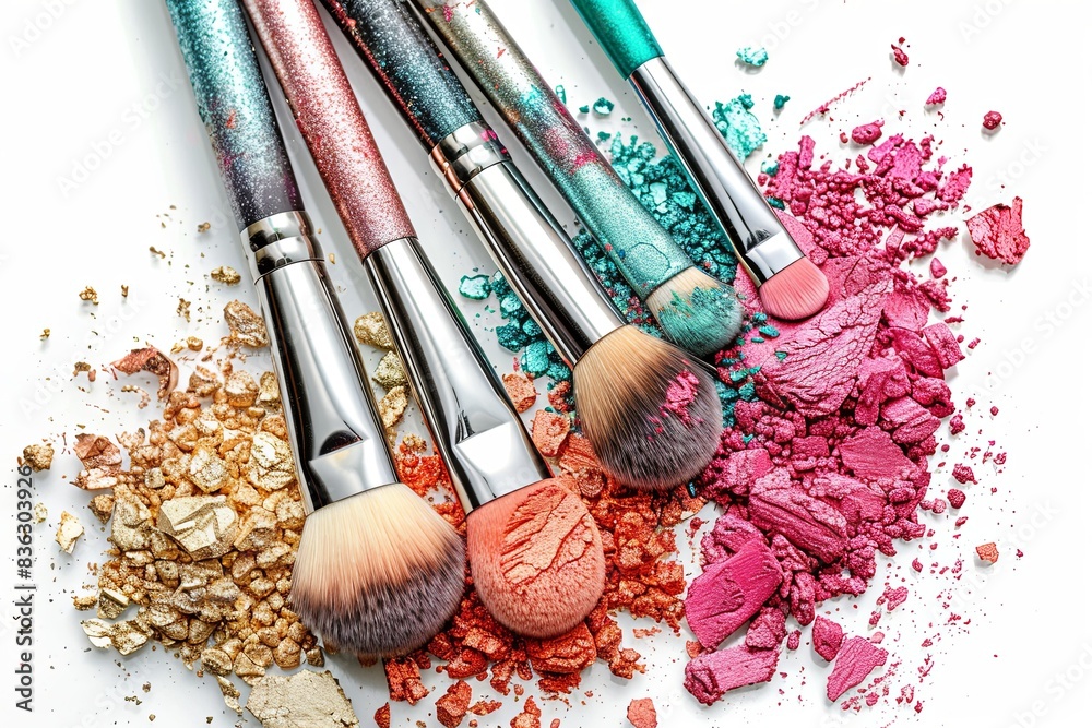 Poster a close-up shot of several makeup brushes with vibrant eyeshadow and blush on a white background. ge
