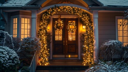 Suburban Home with Festive Doorway Arch

