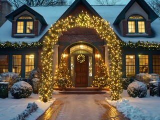 Suburban Home with Festive Doorway Arch

