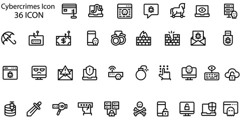 Cybercrime set. Creative icons: hacker, virus, remote access, trojan horse, authentication, botnet, online robbery, cyber protector, biometric, critical infrastructure, spyware, spam, cyber risk, ddos