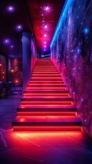 Modern staircase with vibrant neon lights illuminating each step, creating a futuristic atmosphere in a dimly lit interior setting.