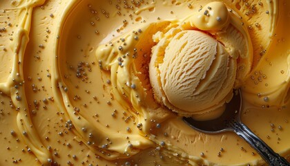Close-up of creamy vanilla ice cream with sprinkles, scooped and swirled with a spoon in a delicious dessert presentation.