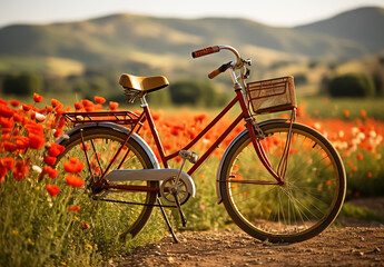 Fototapeta premium Old vintage bicycle in a poppy field