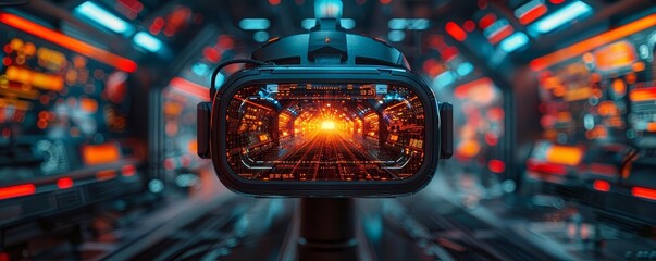 Futuristic VR headset in a sci-fi environment, representing advanced technology and immersive digital experiences.