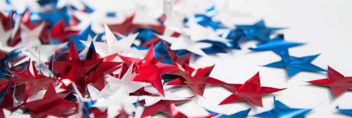 Obraz premium 4th of July, Independence Day Holiday banner, Red White Blue Paper Stars, AI Generated, copy space