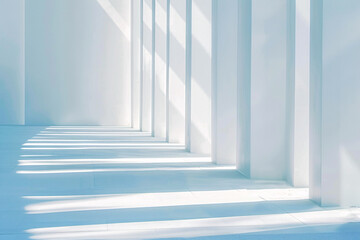 Minimalistic architectural backdrop in white and blue, widescreen with distinctive tilted columns