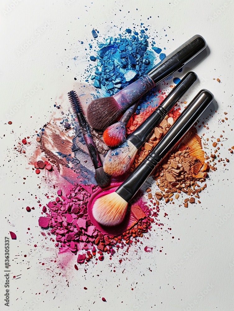 Poster Close-up image of several makeup brushes on a white surface, covered in colorful eyeshadow and blush. Generative AI