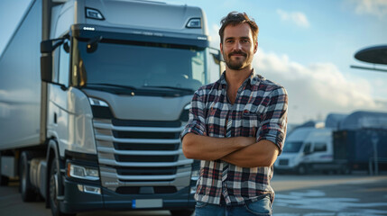 White male lorry driver smiling beside his truck