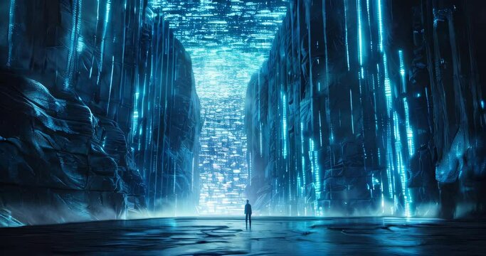 Figure gazes into illuminated data canyon, emphasizing the immense depth of data analysis. Data mining visualization