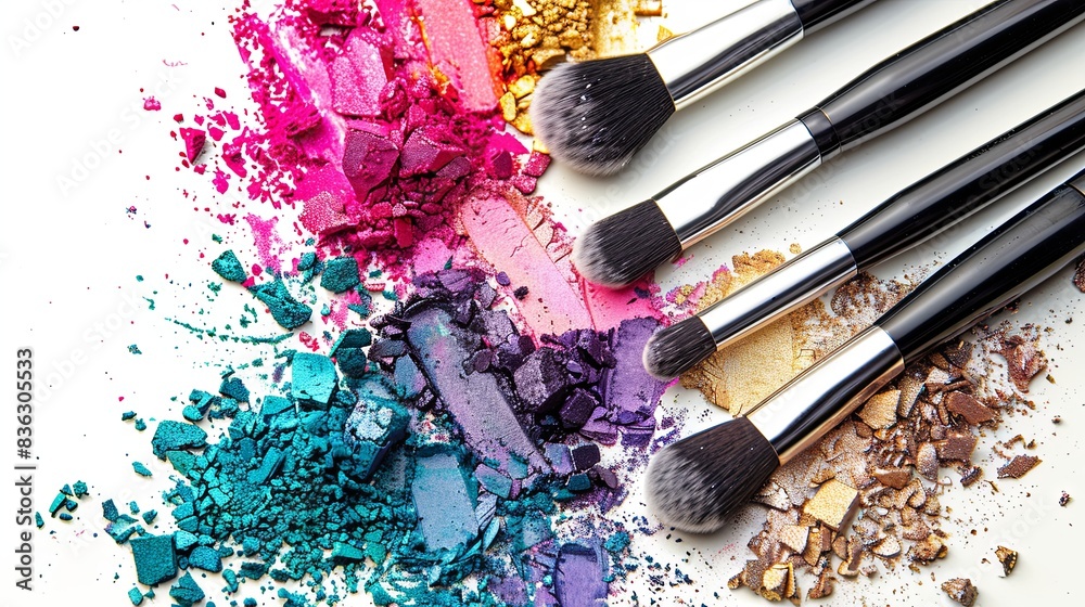 Poster A close-up image of several makeup brushes on a white background with eyeshadows and blush scattered around. Generative AI