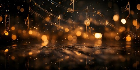 Abstract black background with gold bokeh musical notes perfect for music events. Concept Music Events, Abstract Background, Gold Bokeh, Musical Notes, Black and Gold Theme