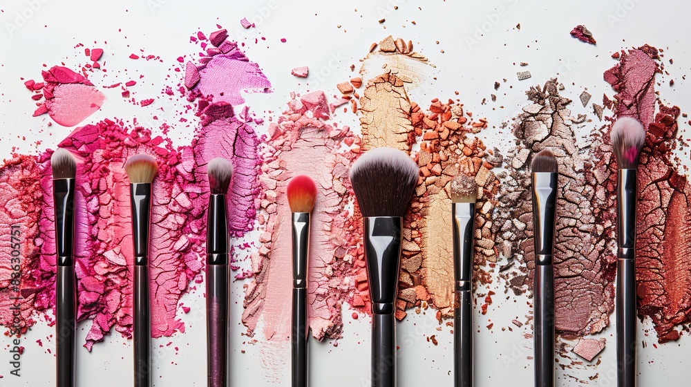 Poster a collection of makeup brushes with various sizes and shapes, covered in vibrant eyeshadow and blush