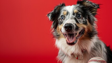 A smiling Australian Shepherd dog with a baseball in its mouth on a red background.