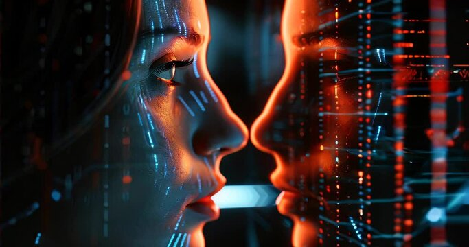 Human face and digital twin in mirror, showcasing the intimate connection of personal data in modern life. Data mining visualization
