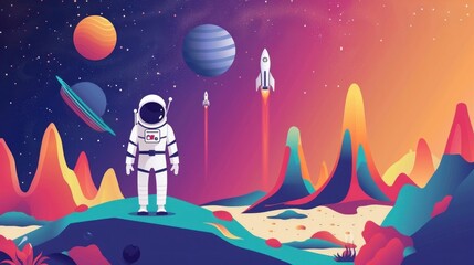 Naklejka premium Exploring the Colorful Cosmos An Astronaut Adventuring among Planets and Space Ships in the Galaxy Landscape