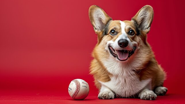A cute corgi is sitting next to a baseball on a red background. The corgi has a happy expression on its face and is looking up at the camera.