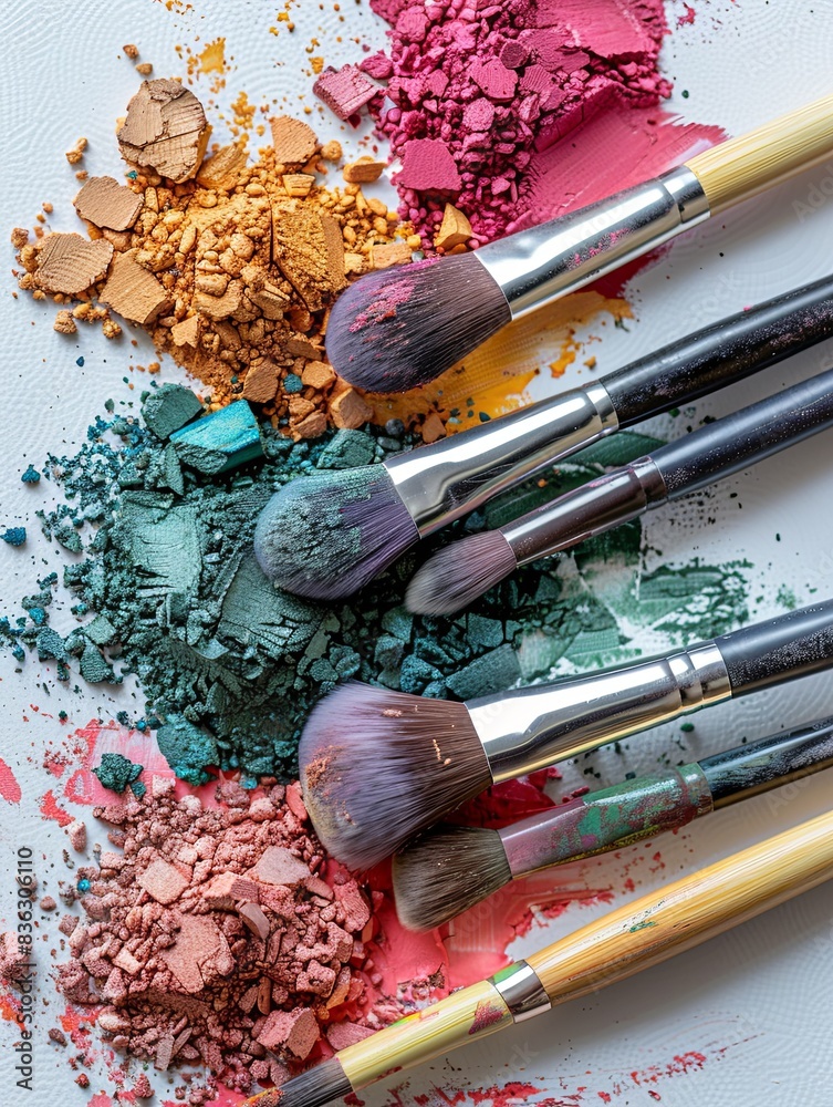 Aufkleber makeup brushes with colorful eyeshadow and blush on a white background. generative ai