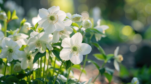 Blooming white hellebore flowers in a garden during the early spring