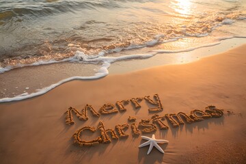 Fototapeta premium Tranquil beach scene with Merry Christmas written in sand, starfish, and golden sunlight