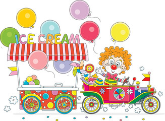 Funny circus clown driving his colorful retro toy car with a street ice-cream cart decorated with holiday balloons, stickers and flags, vector cartoon illustration on a white background
