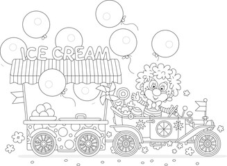 Funny circus clown driving his retro toy car with a street ice-cream cart decorated with holiday balloons, stickers and flags, black and white vector illustration for a coloring book