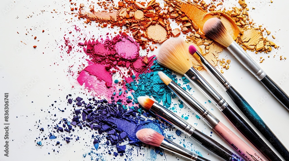 Poster a close-up image of makeup brushes covered in vibrant eyeshadow and blush against a white backdrop. 