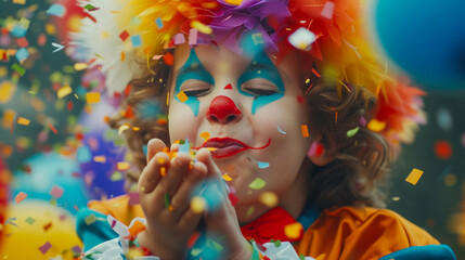 Playful Clown Child Releases Vibrant Confetti into the Air