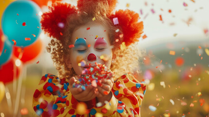 Confetti Delight: Smiling Child Clown in Festive Attire