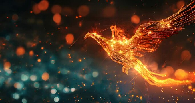 Phoenix rising from obsolete data, symbolizing rebirth and new insights gained from data mining. Data mining visualization