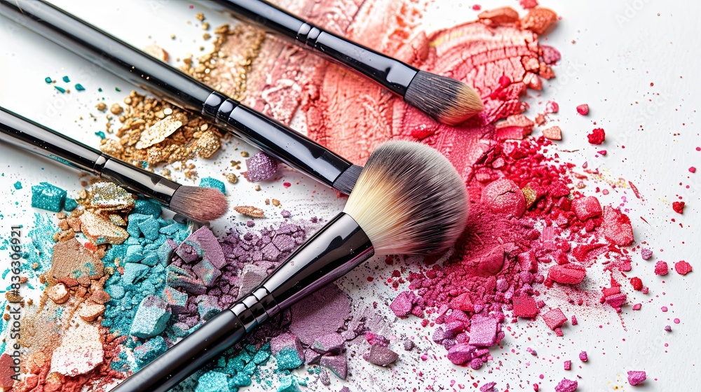 Aufkleber close-up of various makeup brushes covered in vibrant eyeshadow and blush on a white background. gen
