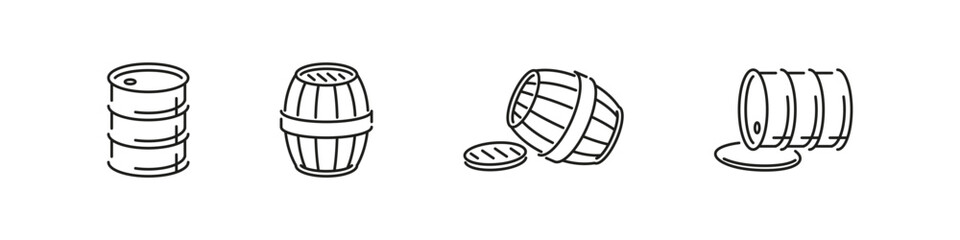 Barrel vector icon set. Wooden and metal barrels outline icons.
