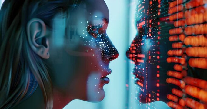 Digital twin and human face in mirror visualize the personal impact of data in everyday life. Data mining visualization