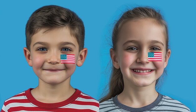 Happy Independence Day, kids smiling face print flag, USA flag, stars and stripes, 