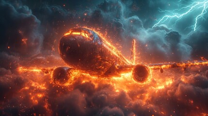 The night sky is illuminated by a flaming passenger plane, a fiery scene as flames consume the aircraft. A plane disaster during takeoff.