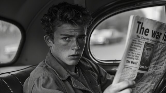 In a retro-style black and white photo from the 1940s, a young man reads the announcement of the war's end in his newspaper with a look of surprise.