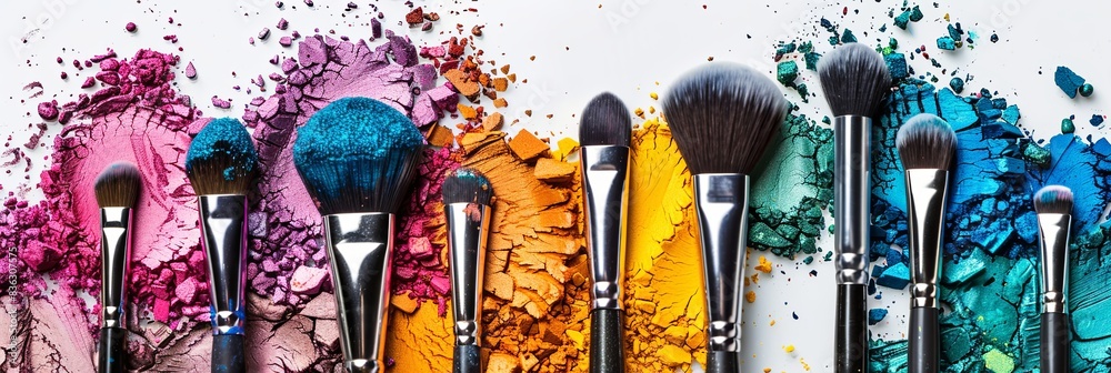 Poster a collection of various makeup brushes covered in colorful eyeshadow and blush, arranged artisticall