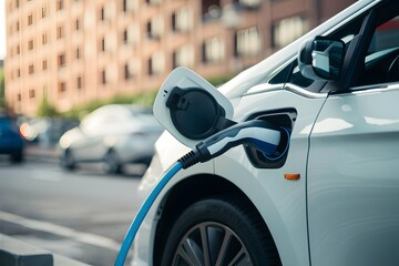 Electric car charging on the street with blue cable, urban infrastructure in background
