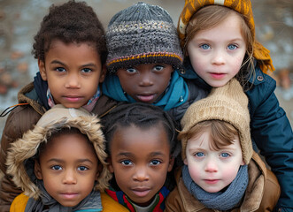 Cold faces of children of different ethnicities staring at the camera