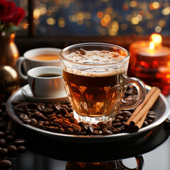 Freshly brewed coffee scene. Coffee cup close-up. Burning candle on backdrop.