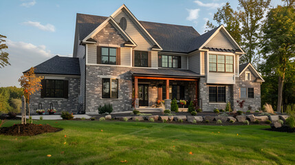 Obraz premium craftsman house sitting on spacious and serene landscape, Luxury chalet in the garden with a beautiful design