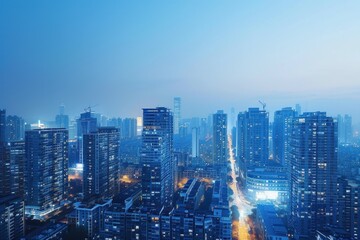 Obraz premium Serene Evening Blues: Minimalistic City Skyline with Light Blue Palette on Clean Background