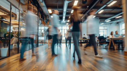 Fototapeta premium Blurred people walking wooden floor space