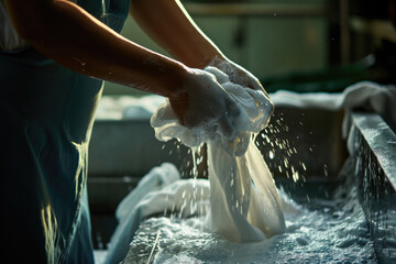 Water fountain with hand pouring liquid, refreshing beach scene