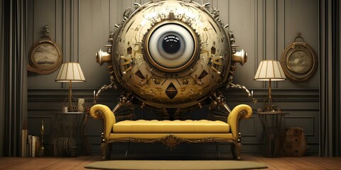 Symbolizing Surveillance and Control Vintage 3D Art with a Big Eye. Concept Vintage, 3D Art, Surveillance, Control, Big Eye