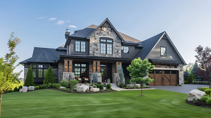Beautiful craftsman home exterior on bright sunny day with green grass and blue sky ,tudor house with lush green lawn