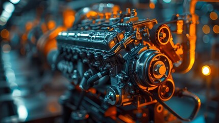 Close-up of a detailed, modern car engine in a factory setting, illuminated with industrial lighting, showcasing engineering and machinery.